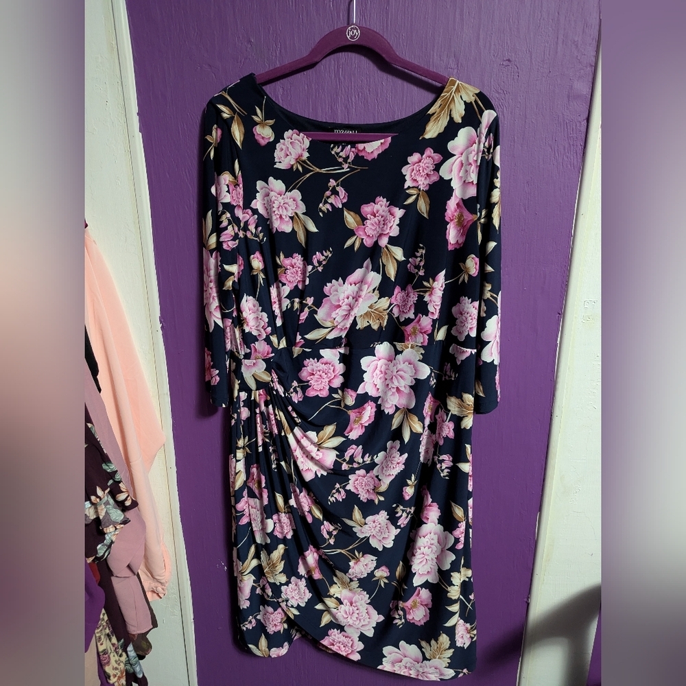 💜 Roz & Ali Navy Pink Floral Pleated Accent 3/4 Sleeve Midi Dress 2X 18 20